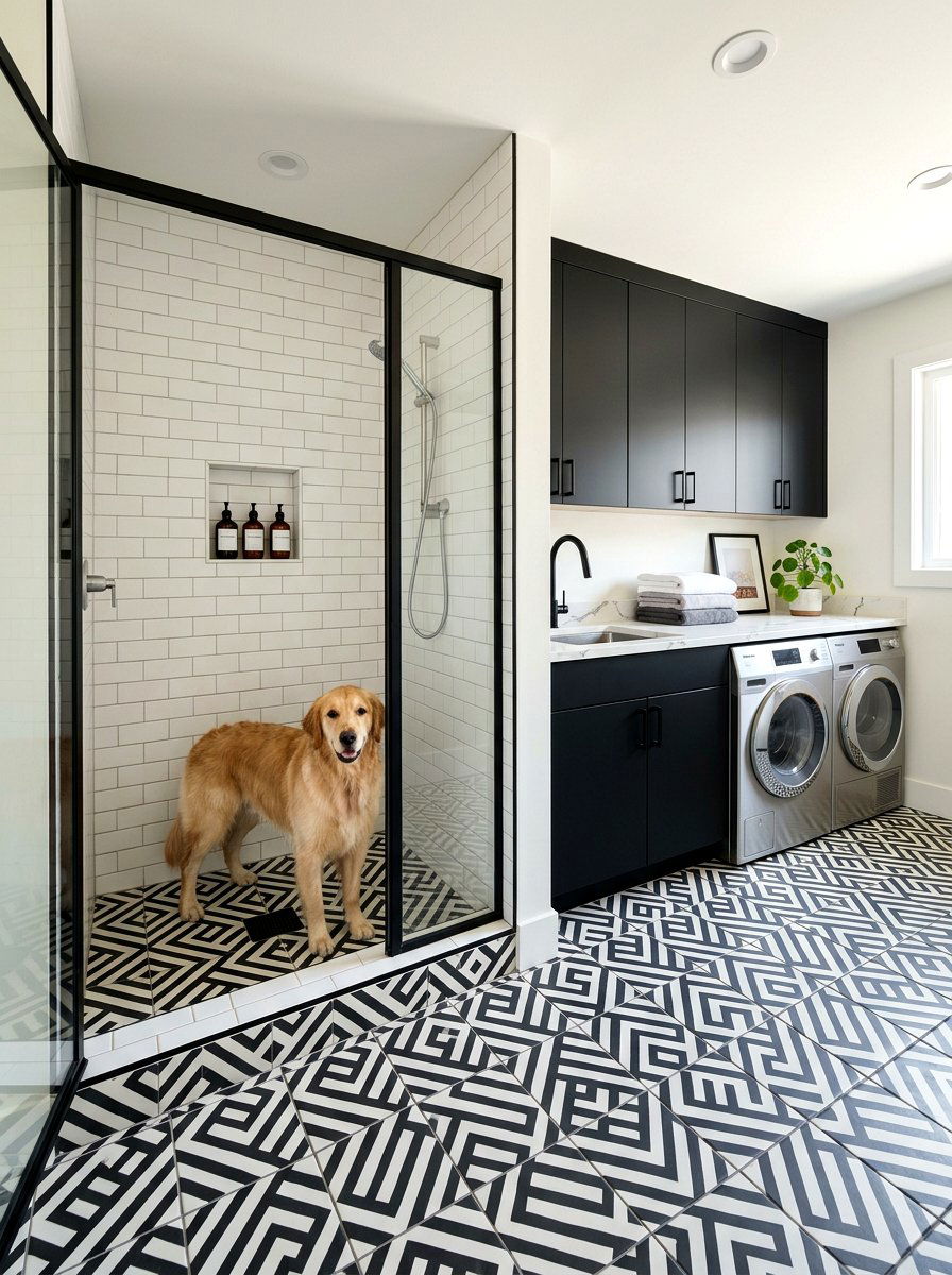 Pet shower with decorative floor tile - 30 pet washing station laundry ideas