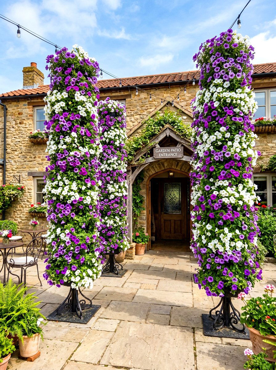 Petunia Flower Towers - 30 patio plant ideas