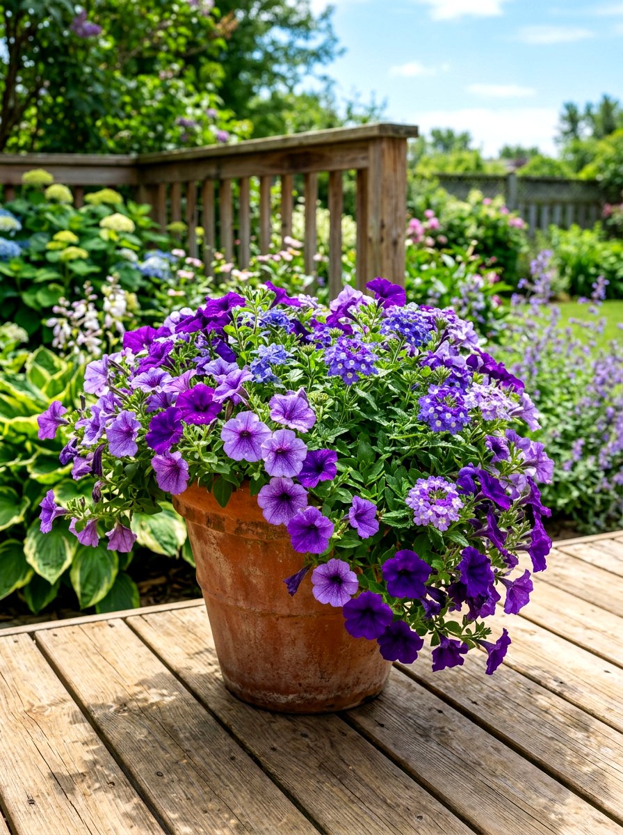 Petunia and Verbena container - 30 blue and purple garden ideas