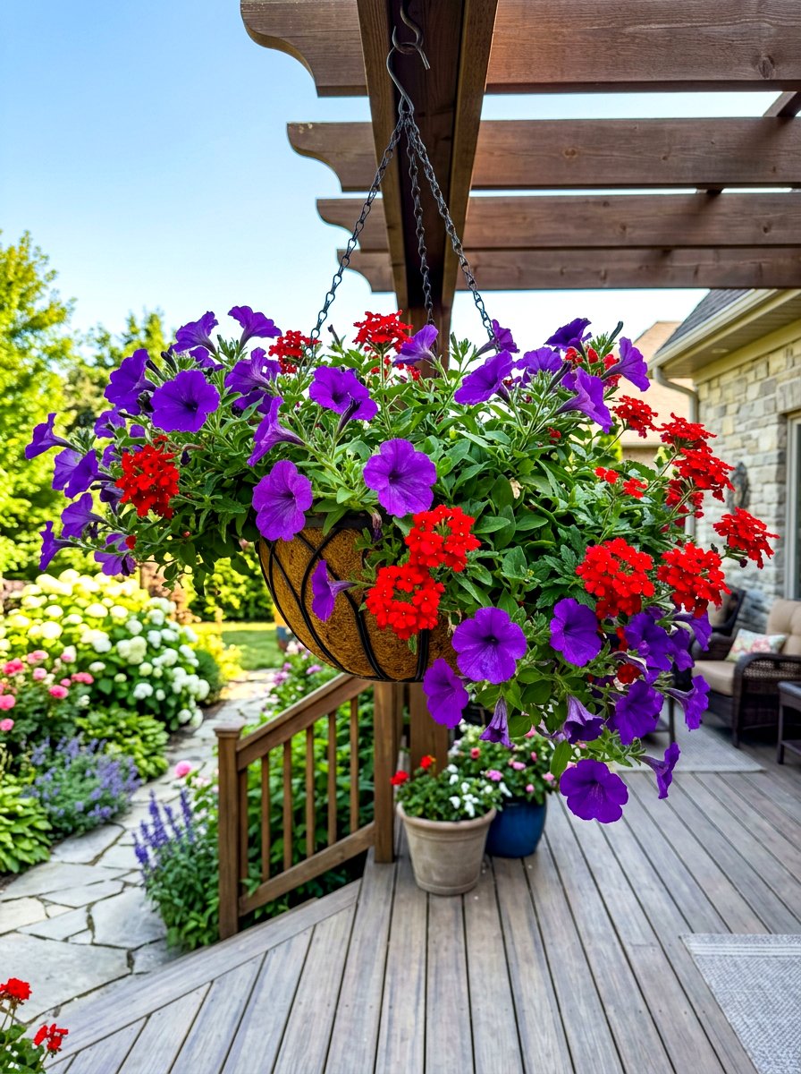 Petunia and verbena hanging basket - 30 hanging basket ideas