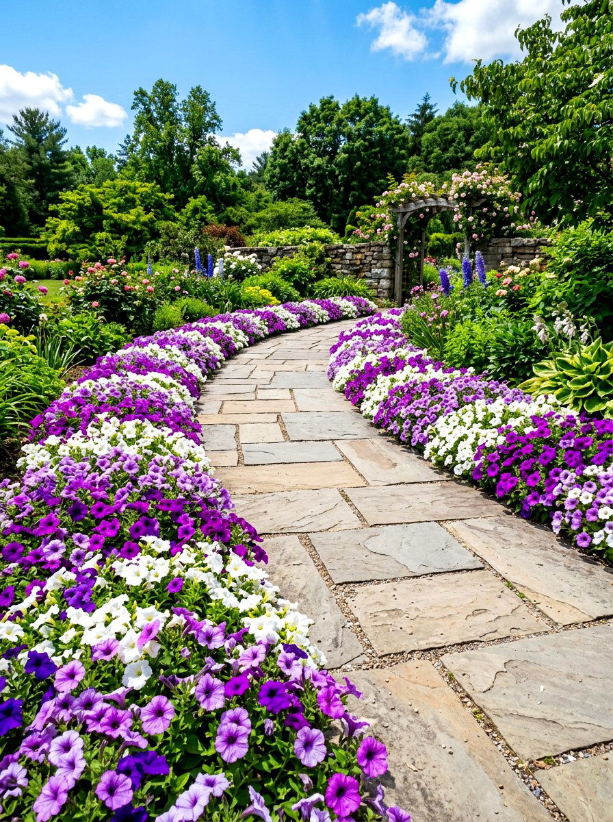 Petunia colorful walkway - 30 walkway border planting ideas