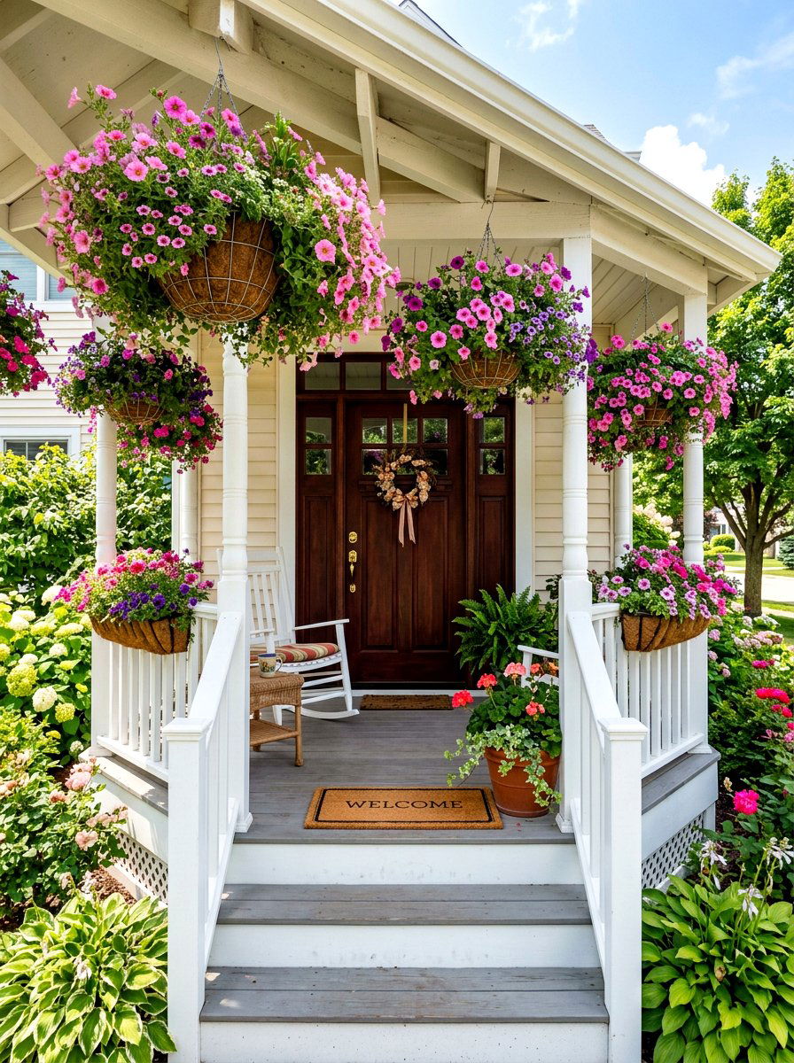 Petunia hanging basket - 30 porch floral basket ideas