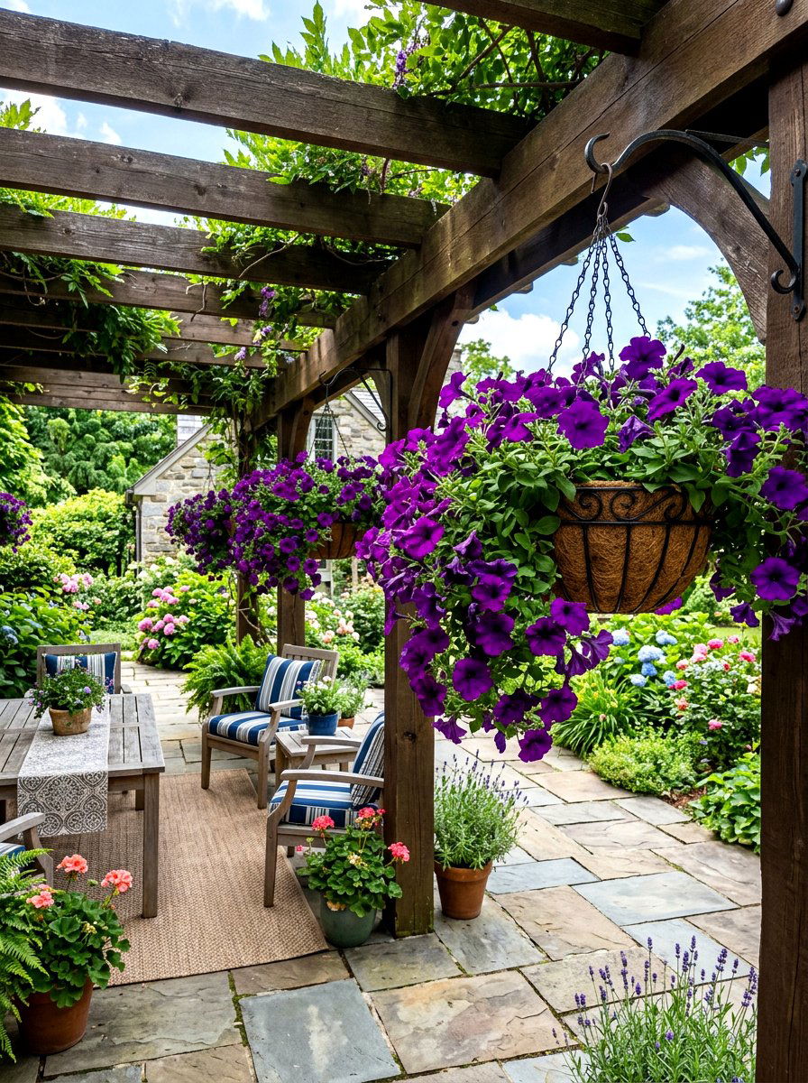 Petunia hanging basket - 30 purple flower garden ideas
