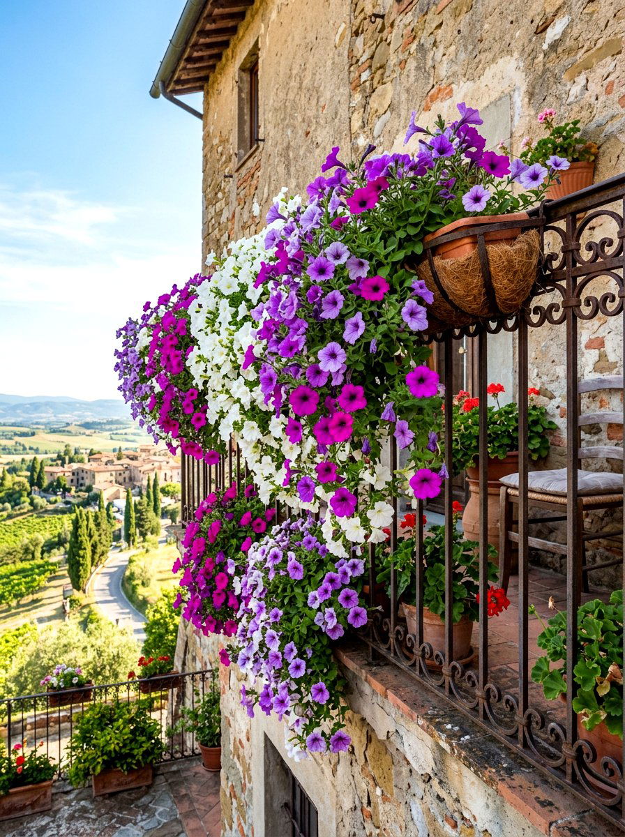Petunia hanging basket - 30 balcony cut flower garden ideas