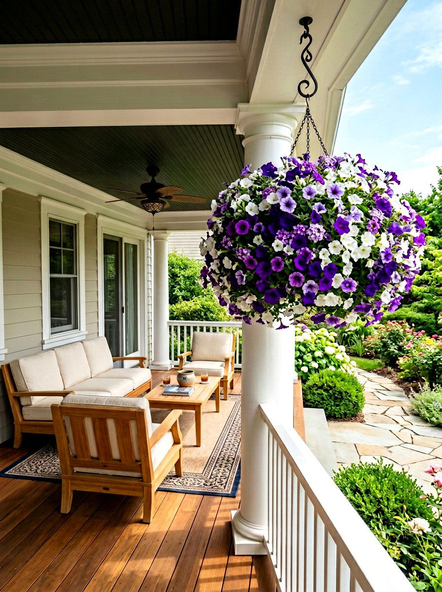 Petunia verbena basket - 30 porch floral basket ideas
