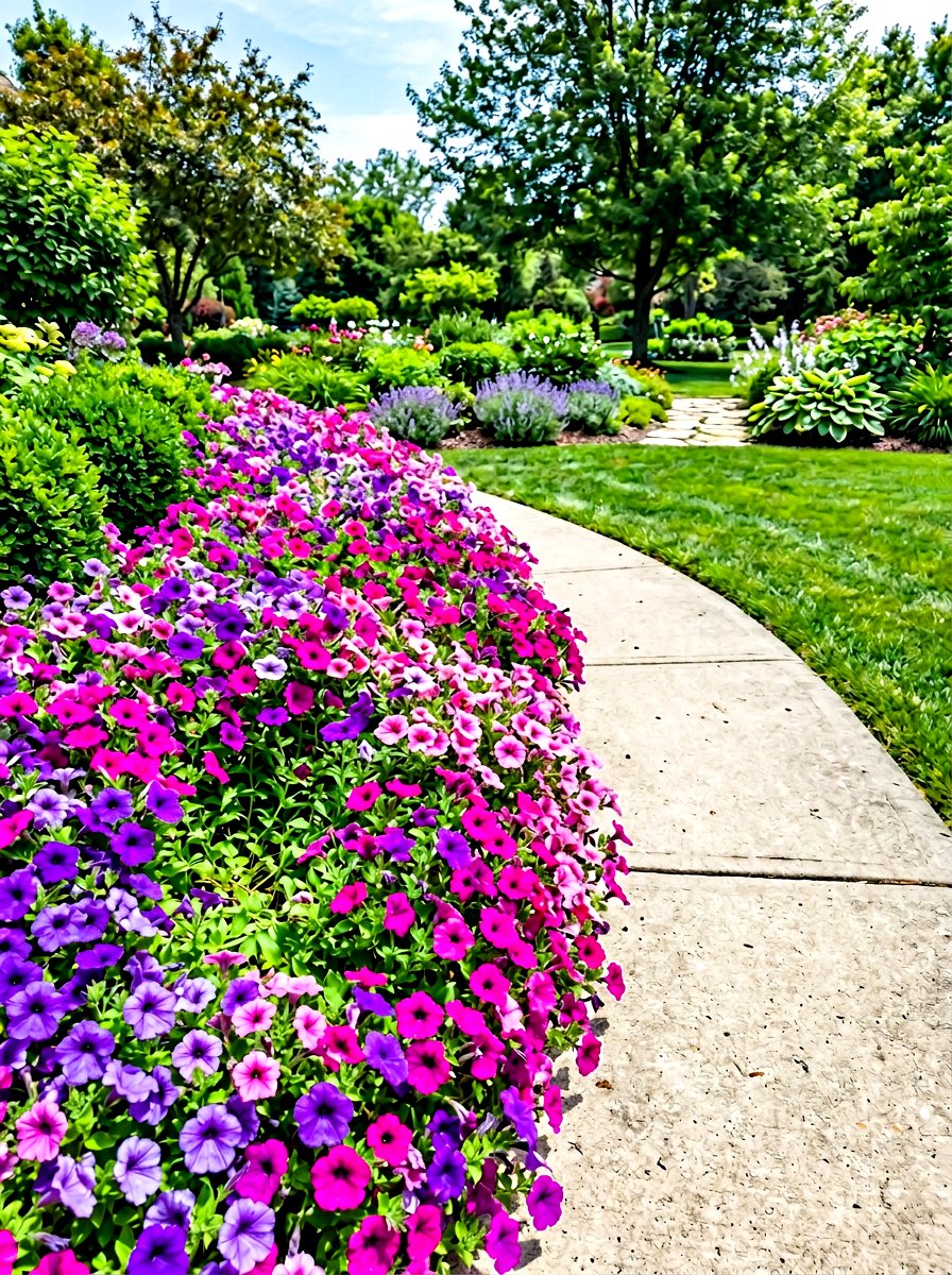Petunia walkway border - 30 front path flower bed ideas