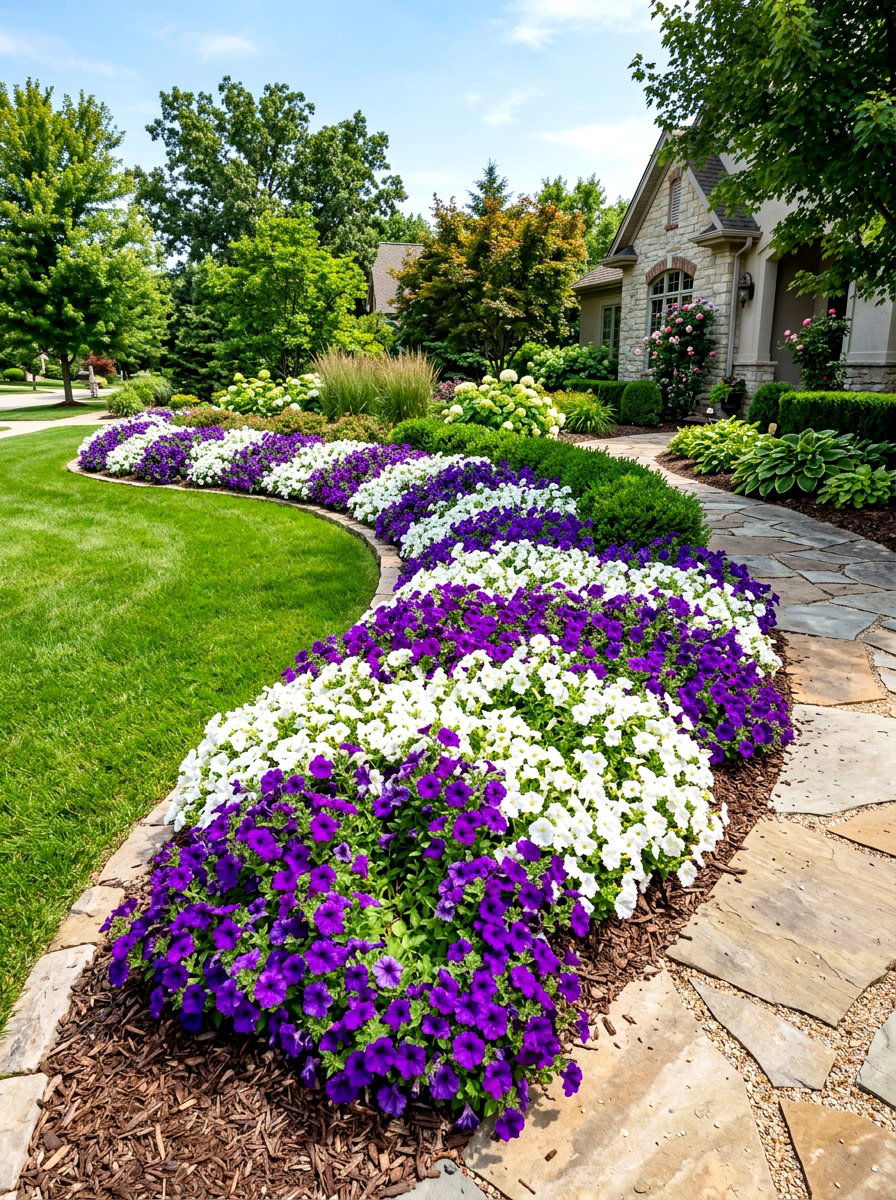 Petunias in landscape beds - 30 annual flower bed ideas