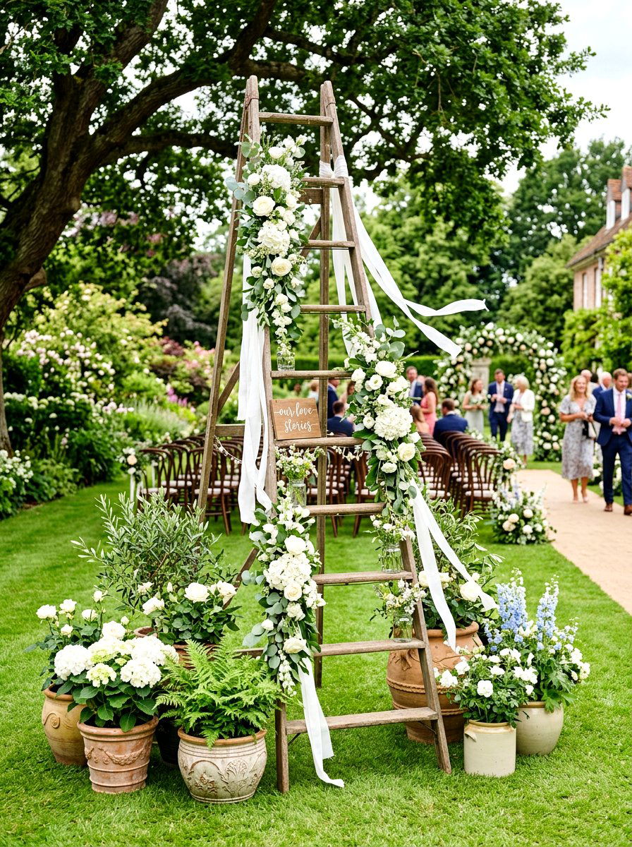 Photo Backdrop Ladder - 30 repurposed ladder garden ideas