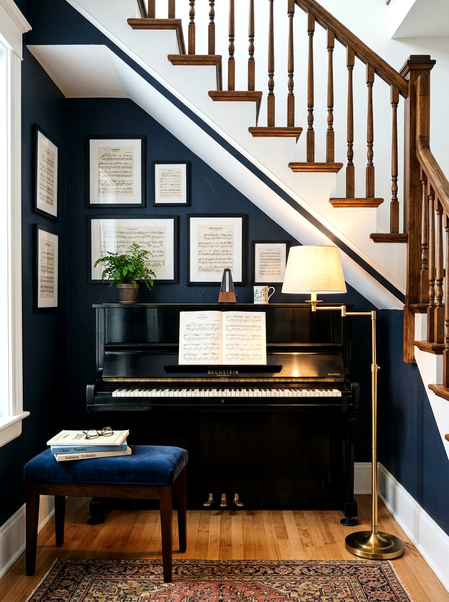 Piano nook under stairs - 30 stair nook decor ideas