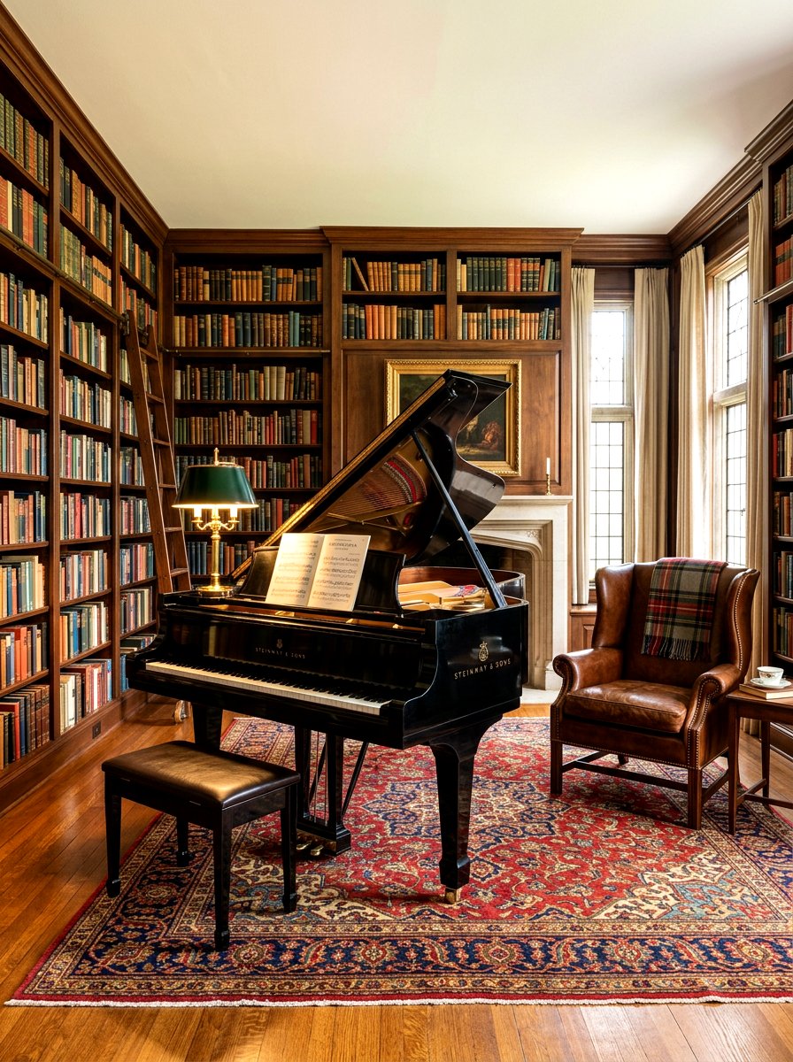 Piano room library - 30 piano living room ideas