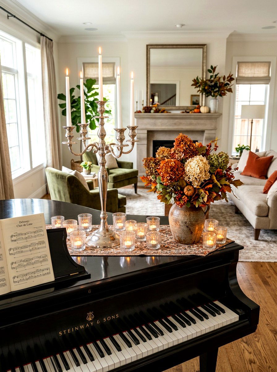 Piano top fall candle decor - 30 candle heavy fall decor ideas