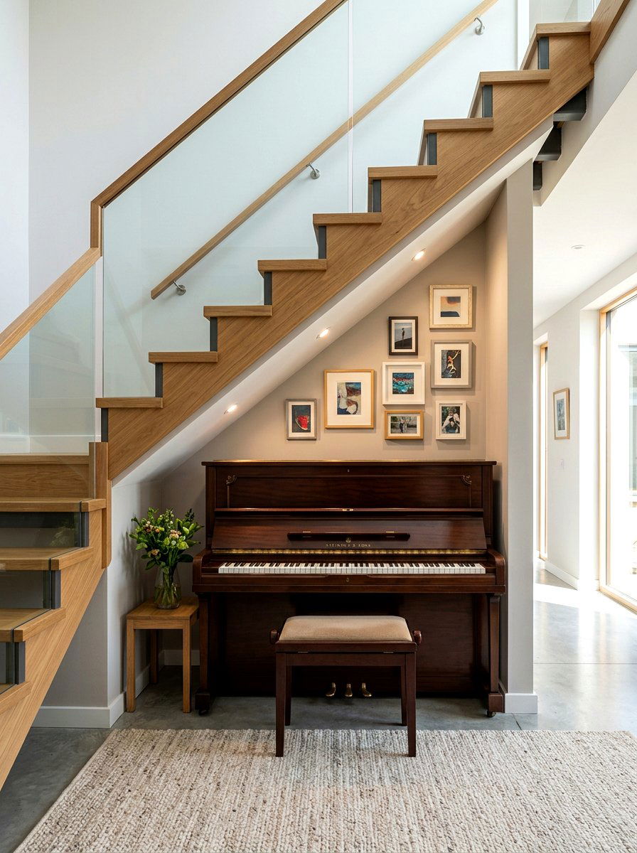 Piano under stairs - 30 piano living room ideas