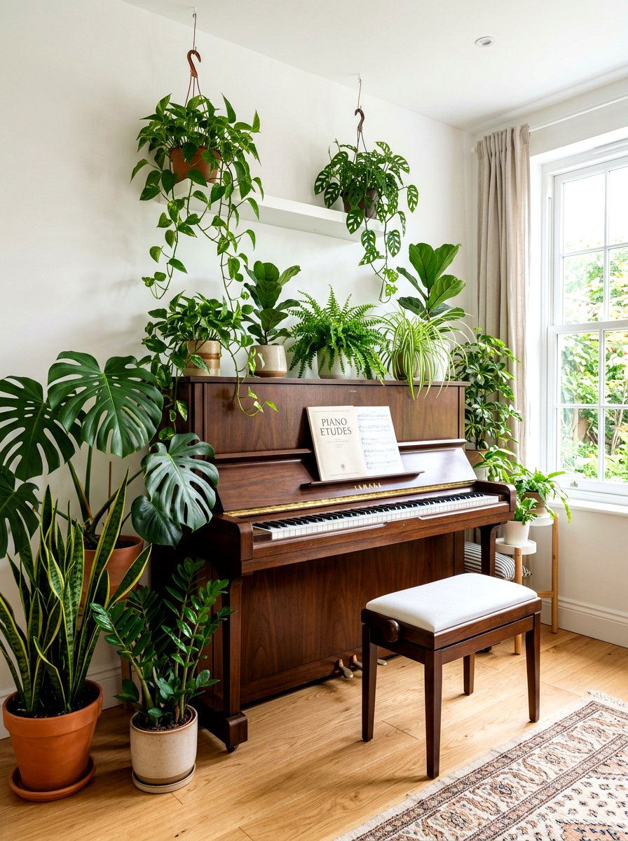Piano with indoor plants - 30 piano living room ideas
