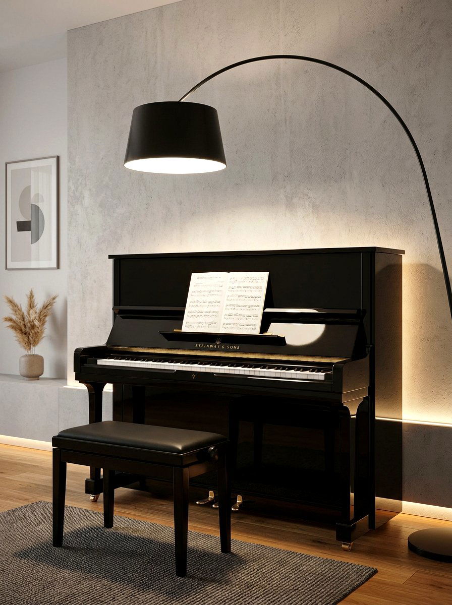 Piano with statement lighting - 30 piano living room ideas