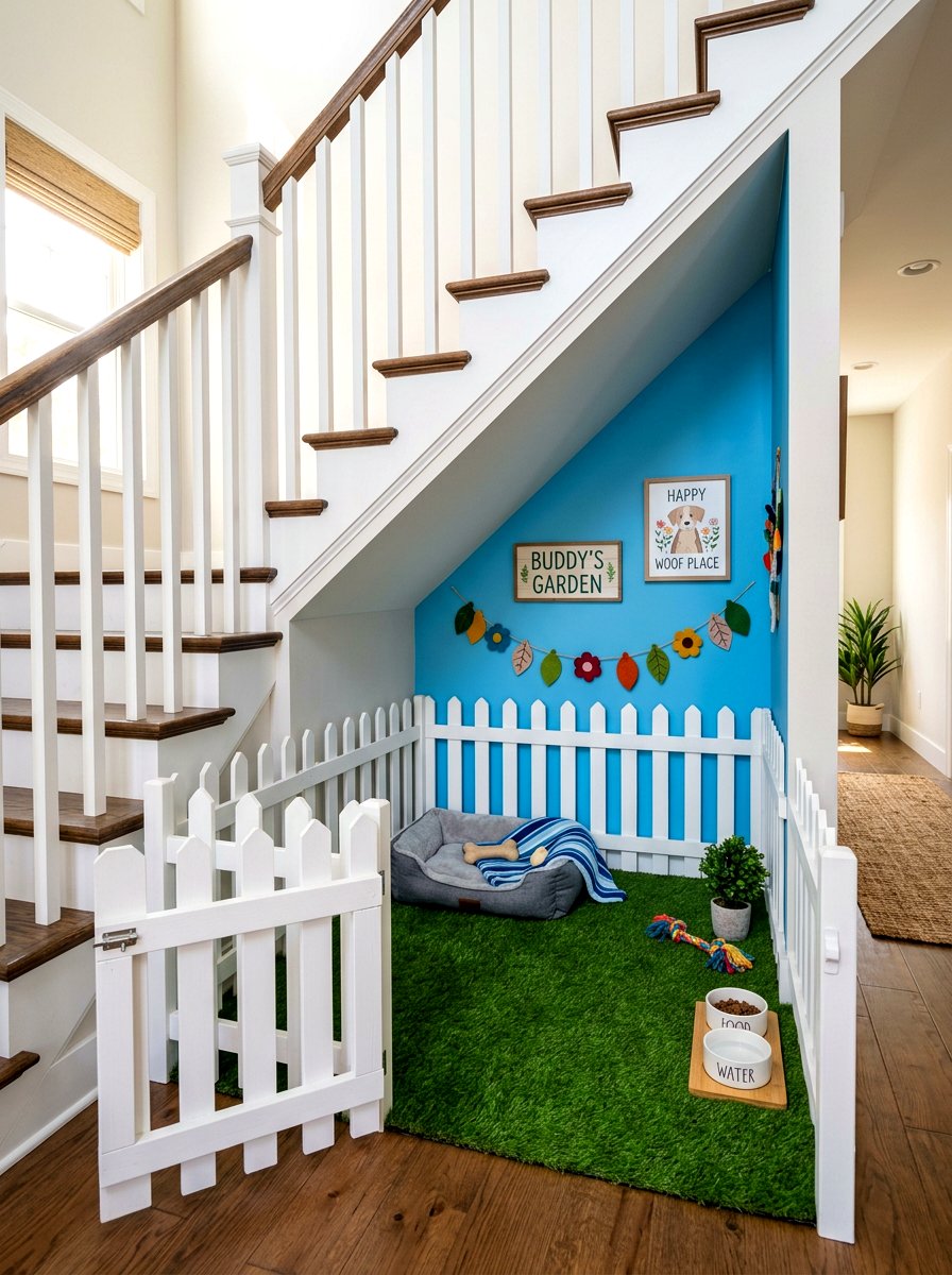 Picket Fence Pet Area - 30 under staircase pet nook ideas