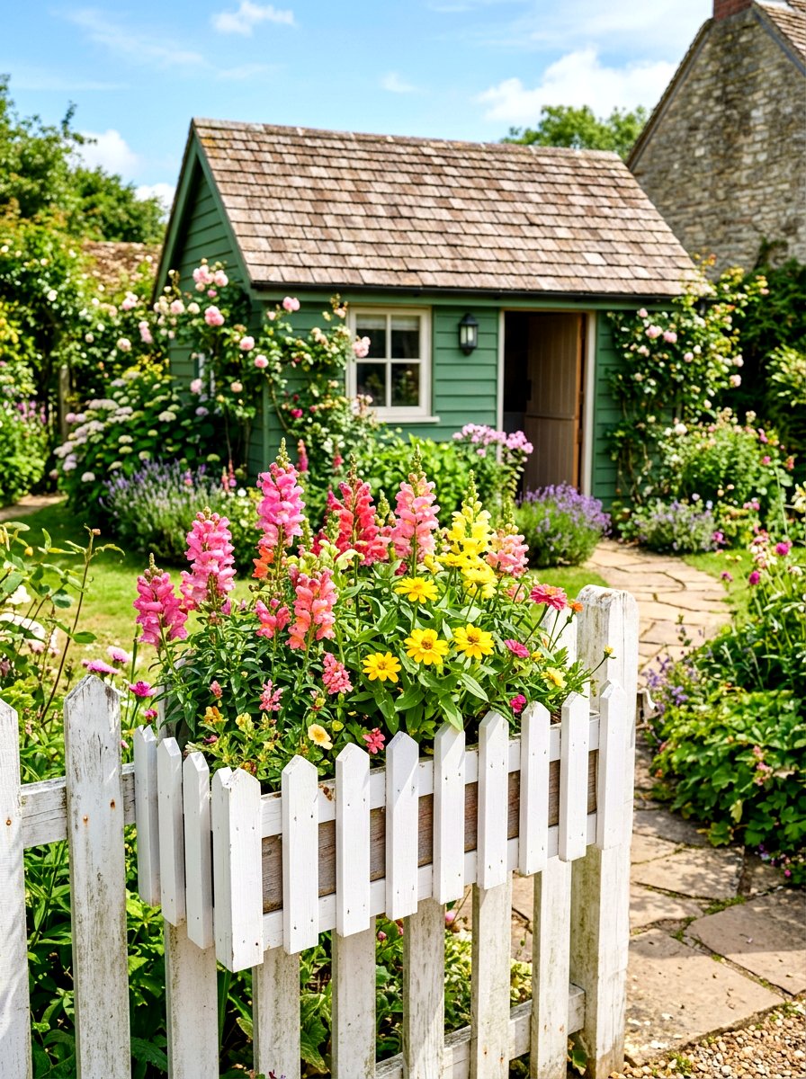 Picket Fence Style Box - 30 shed flower box ideas
