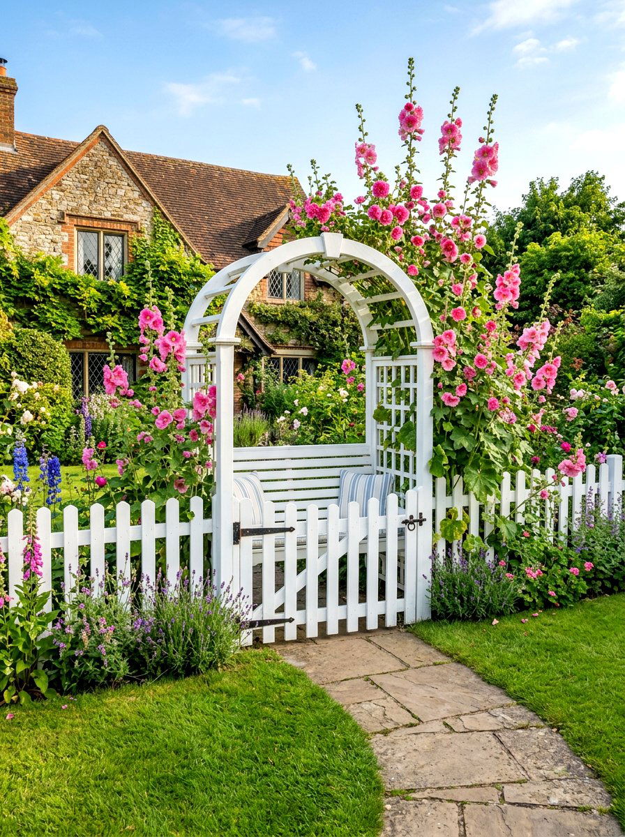 Picket fence arbor bench - 30 garden arbor seating ideas