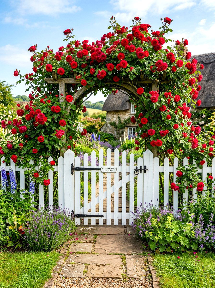Picket fence gate roses - 30 cottage front yard garden ideas