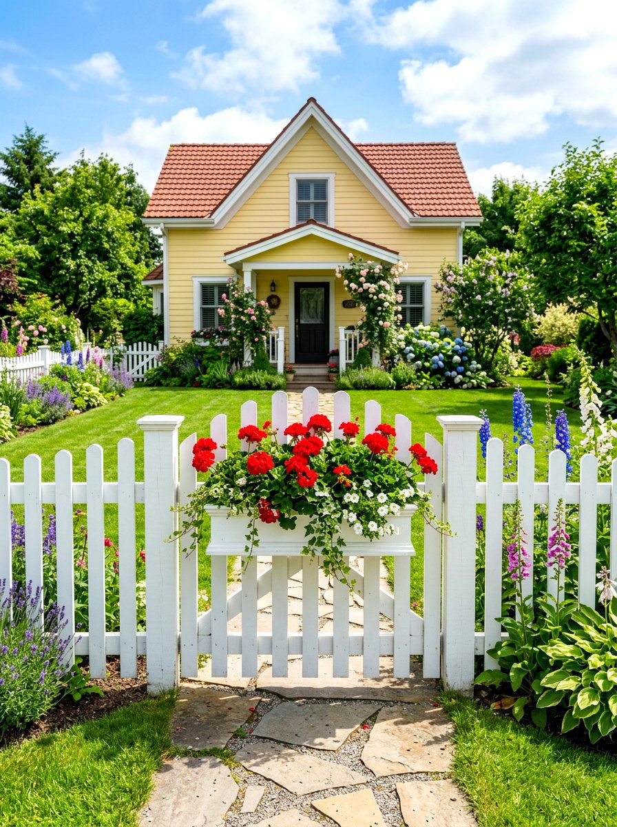 Picket gate with flower box - 30 cottage gate curb appeal ideas