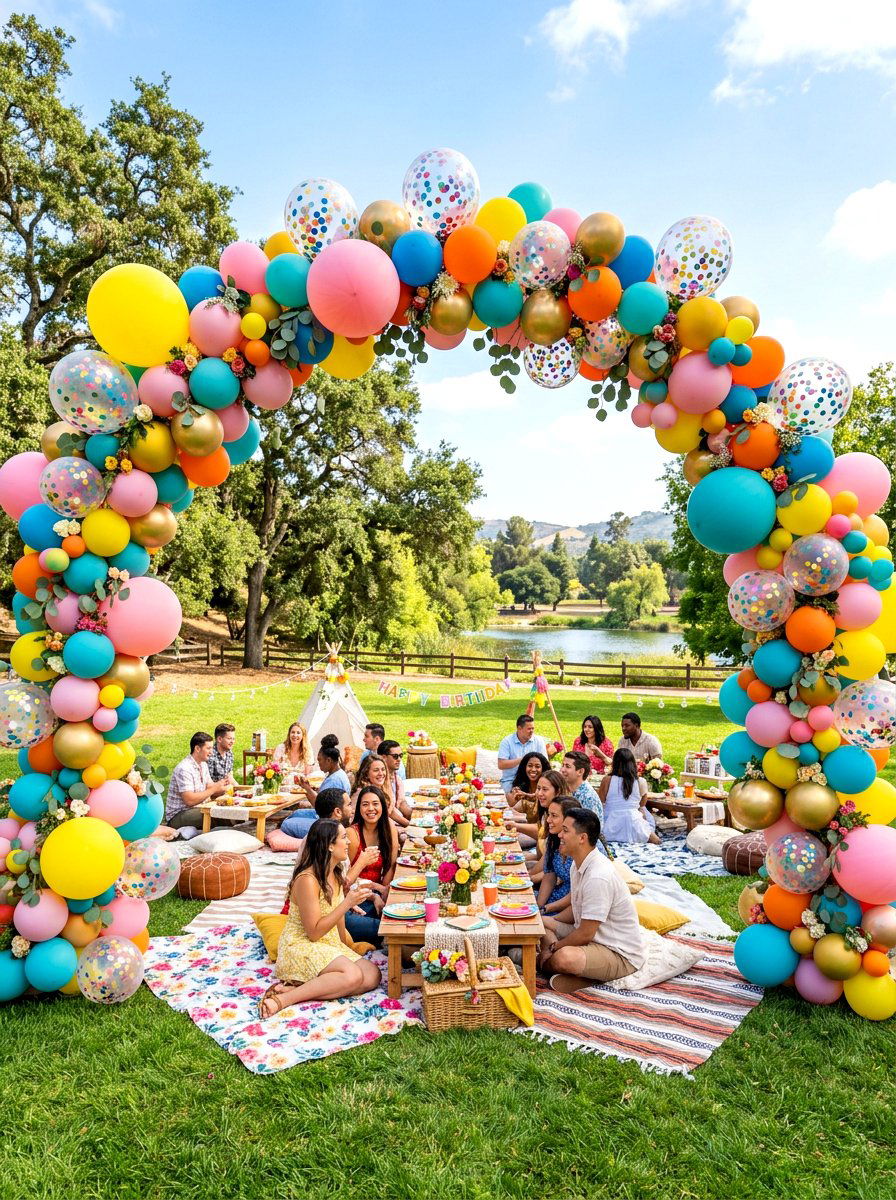 Picnic Balloon Arch - 30 backyard picnic decor ideas