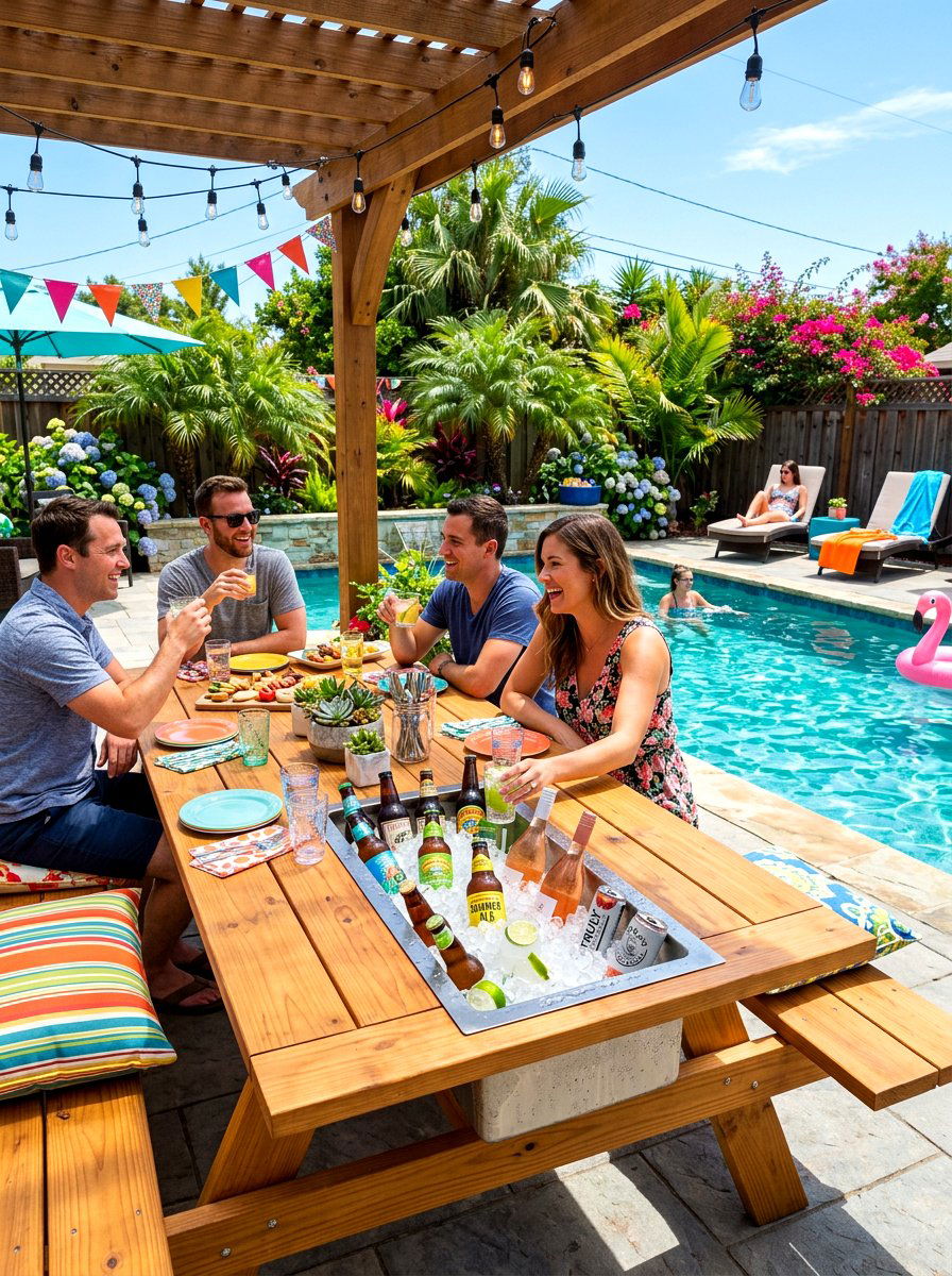 Picnic table with built in cooler - 30 backyard picnic table ideas