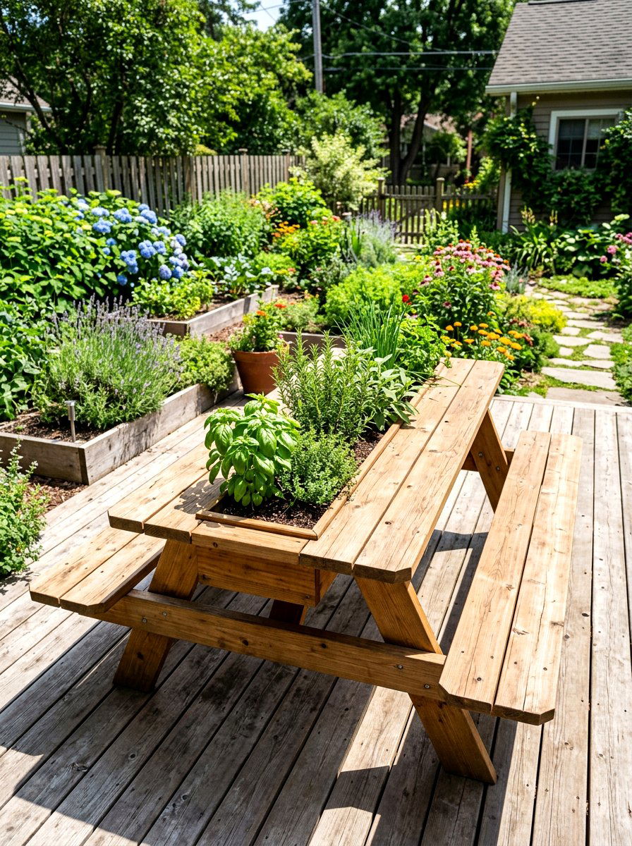 Picnic table with integrated planter - 30 backyard picnic table ideas