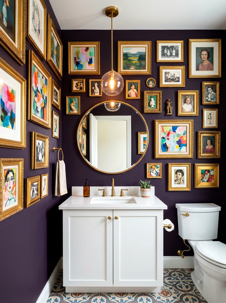Picture frame wall - 30 aubergine powder room ideas