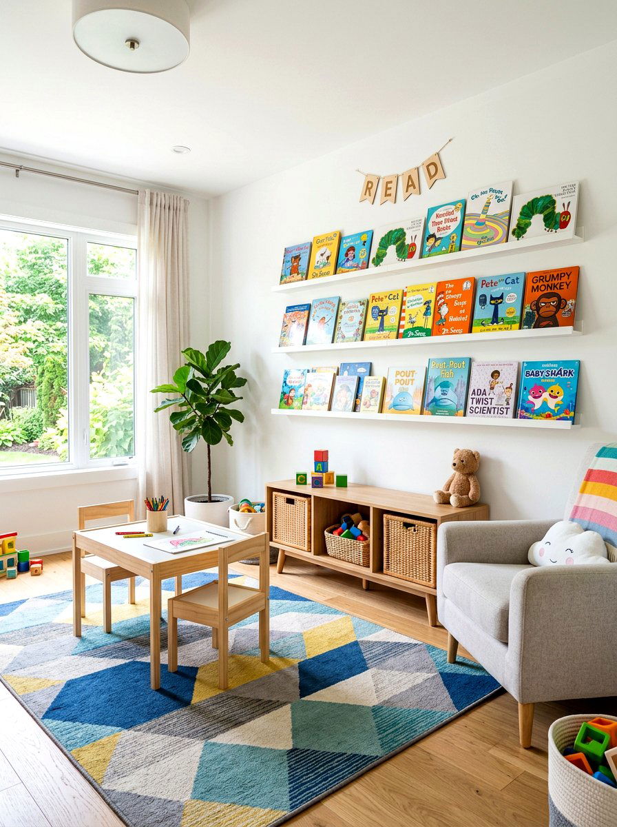 Picture ledge display - 30 family friendly living room storage ideas