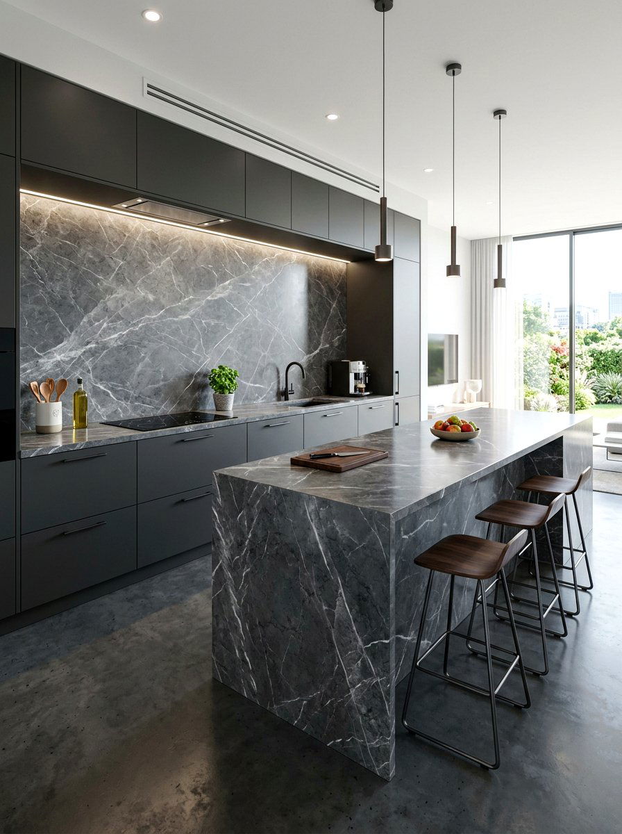 Pietra Gray Marble Backsplash - 30 full slab stone wall kitchen ideas