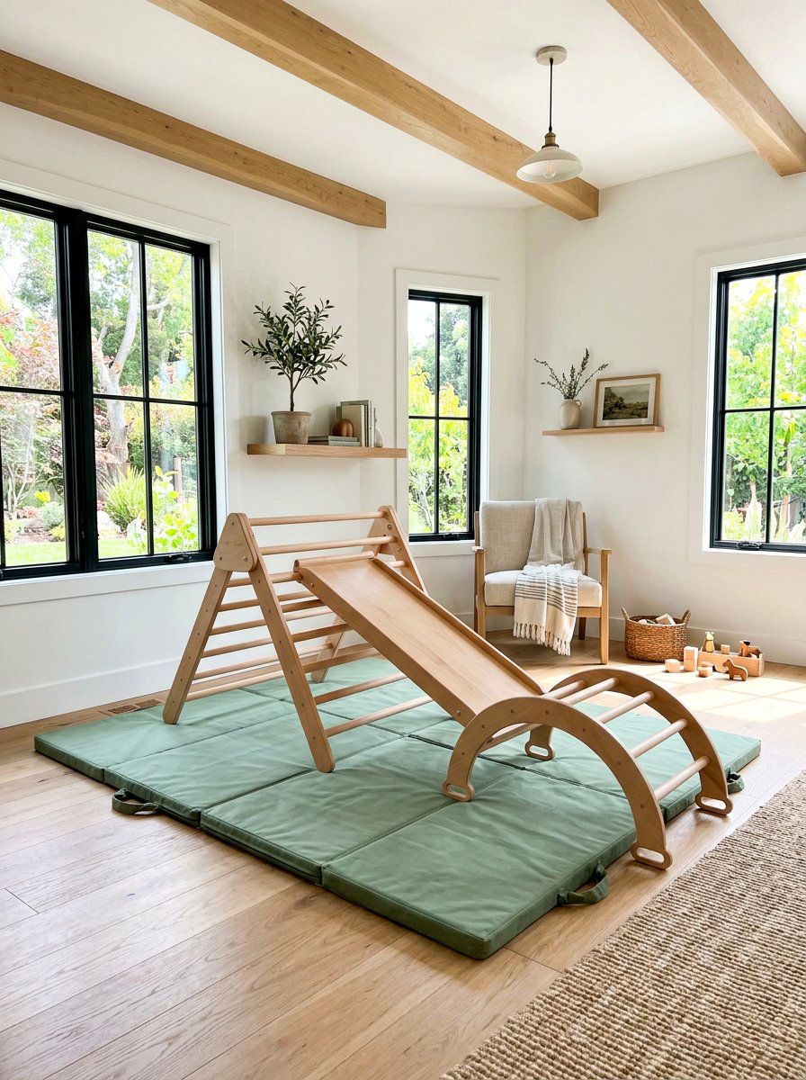 Pikler Triangle Indoor Movement Zone - 30 Montessori playroom ideas