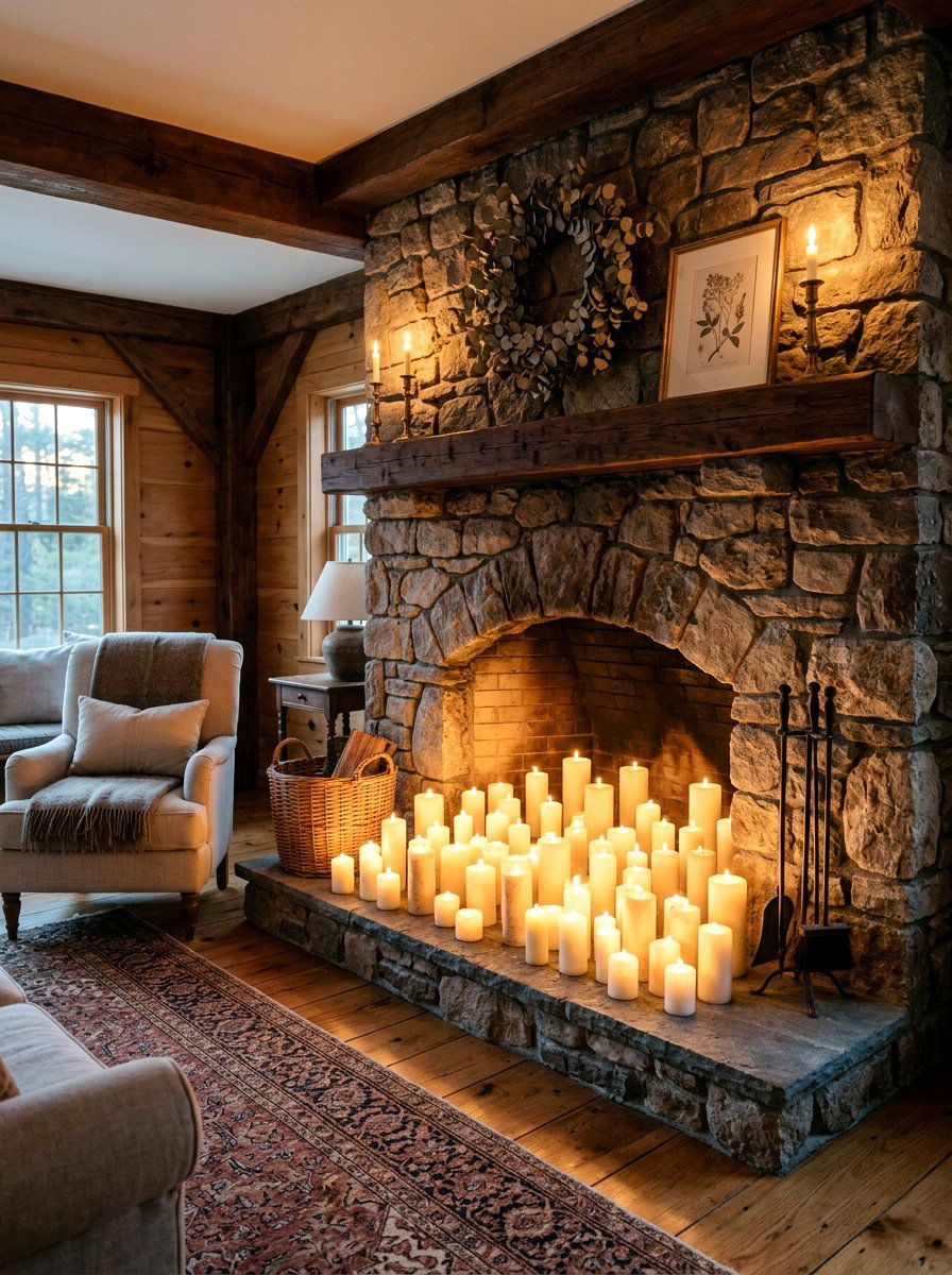 Pillar Candles On Fireplace Hearth - 30 candle decor ideas