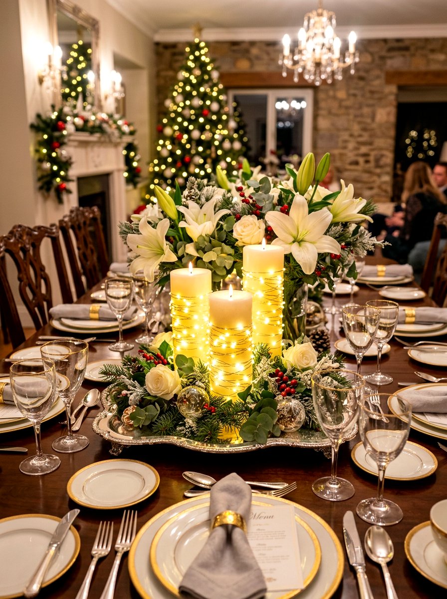 Pillar Candles With Fairy Lights - 30 candle centerpiece ideas