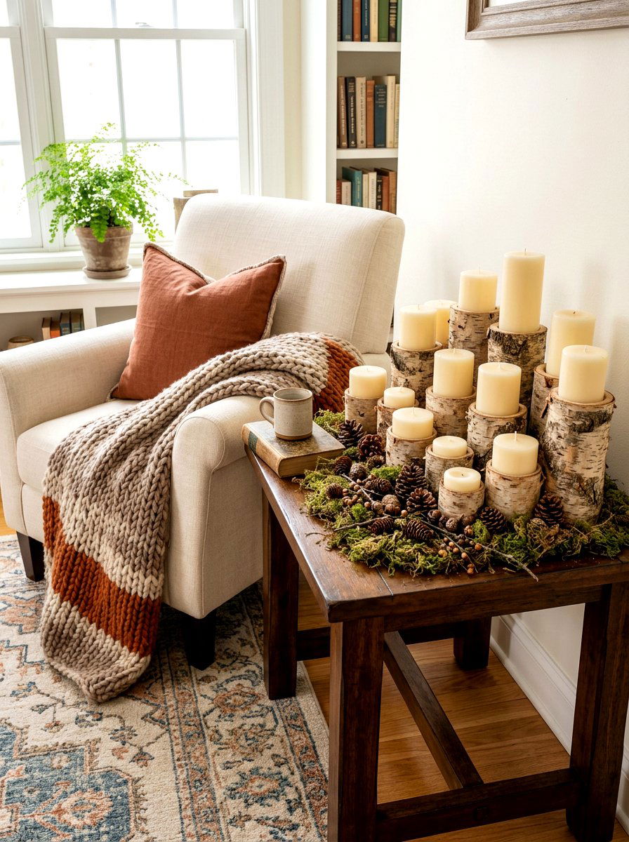 Pillar candles in birch wood holders - 30 candle heavy fall decor ideas