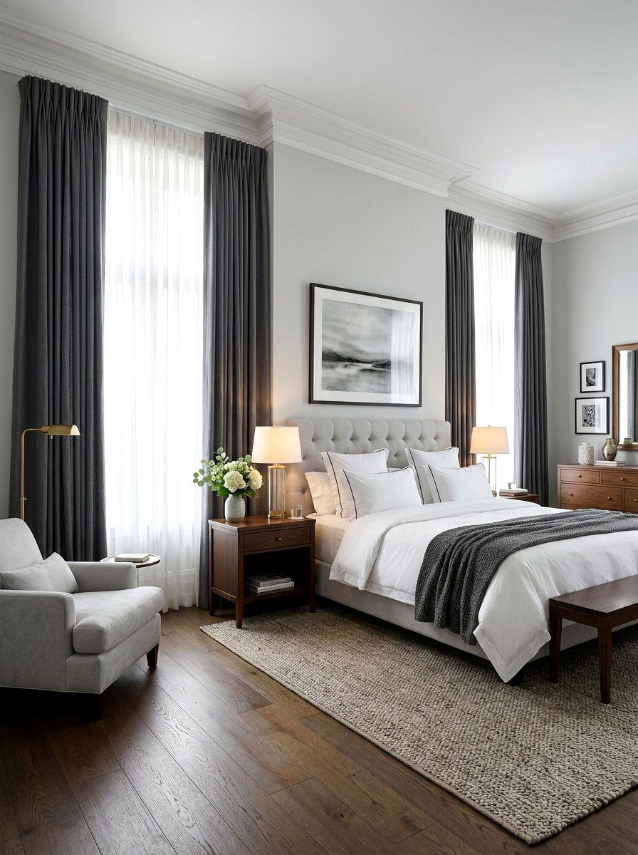 Pinch pleat drapes with airy sheers - 30 bedroom curtain layering ideas