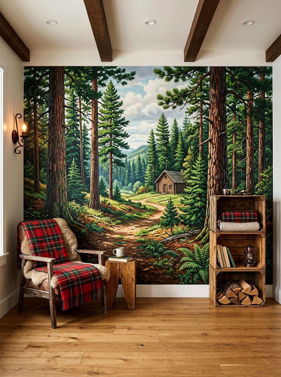 Pine Forest Landscape Mural - 30 woodland wall mural nursery ideas