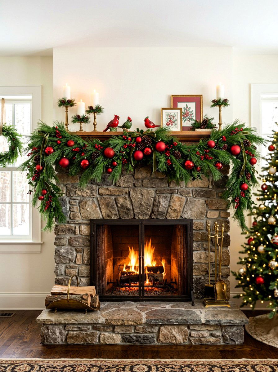 Pine Needle Mantel - 30 holiday mantel garland ideas