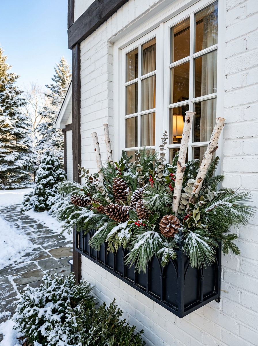 Pine Needle Window Box - 30 winter greenery decor ideas