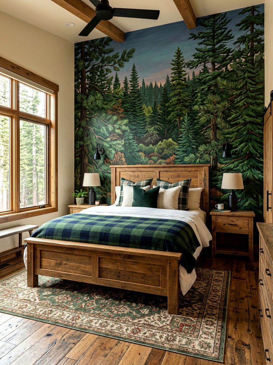 Pine tree wall mural - 30 landscape mural bedroom ideas