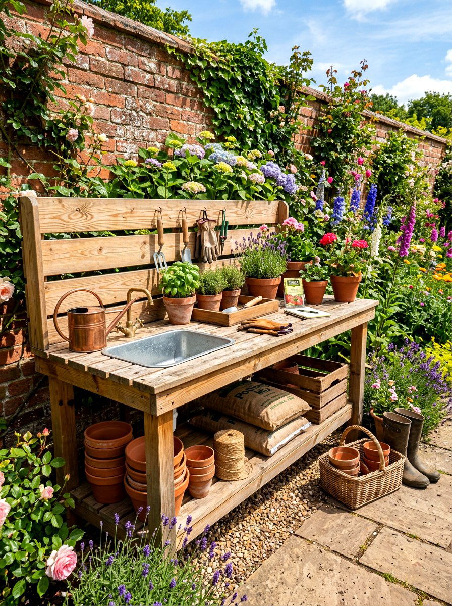 Pine wood potting bench - 30 wooden patio furniture ideas