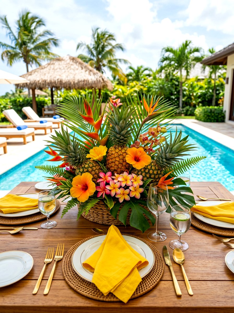 Pineapple Centerpiece Arrangement - 30 pool party tablescape ideas