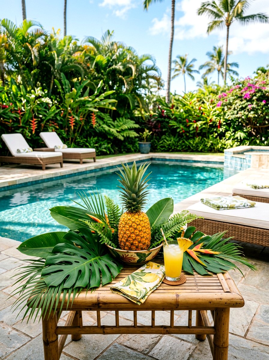 Pineapple and tropical leaf decor - 30 fruit and floral tablescape ideas