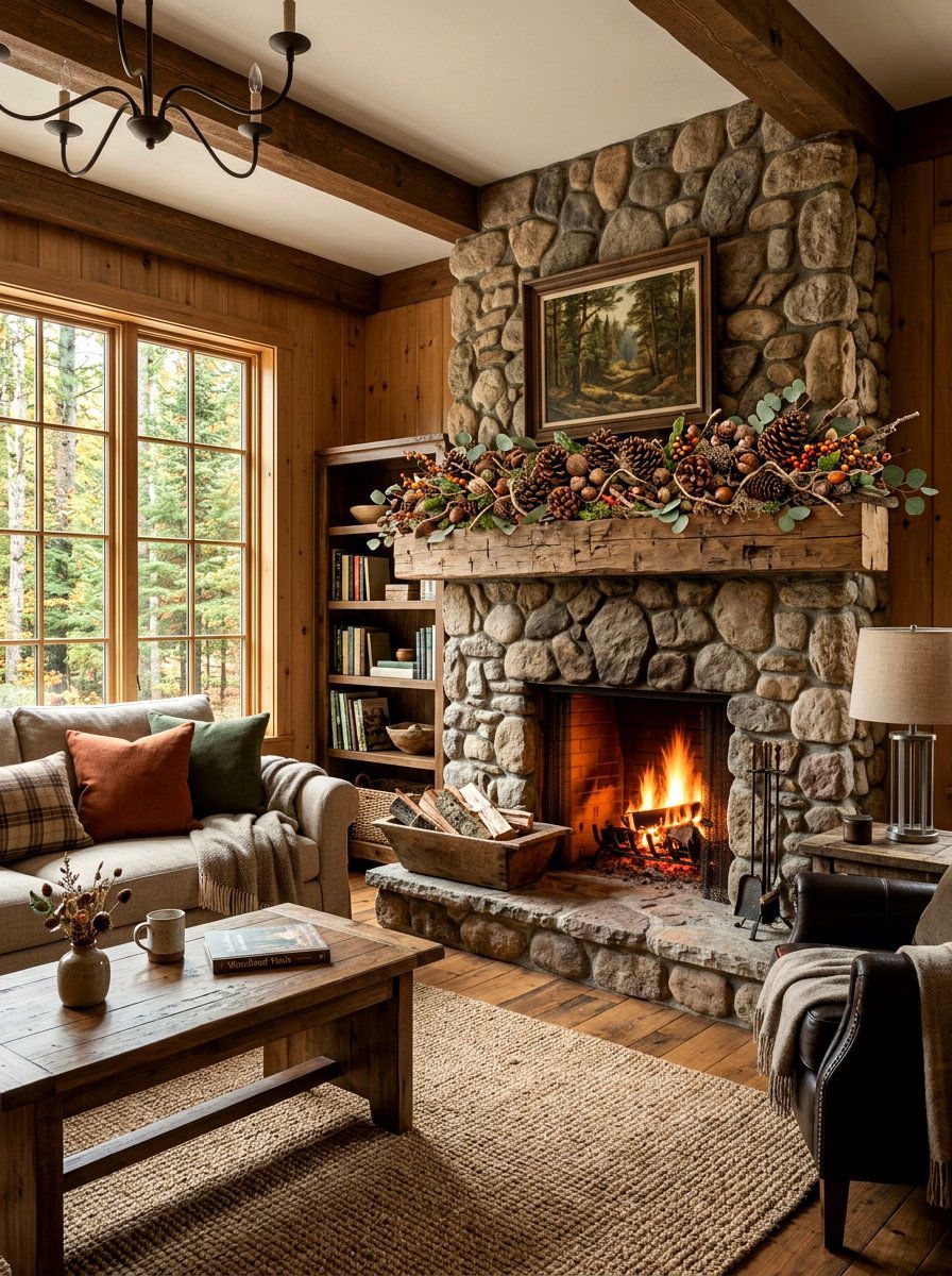 Pinecone And Acorn Mantel Runner - 30 fall mantel styling ideas