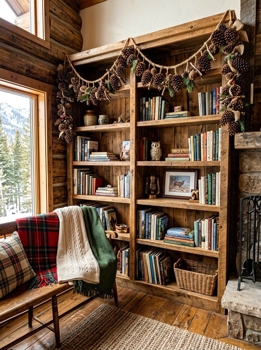 Pinecone Bookshelf Garland - 30 bookshelf garland ideas