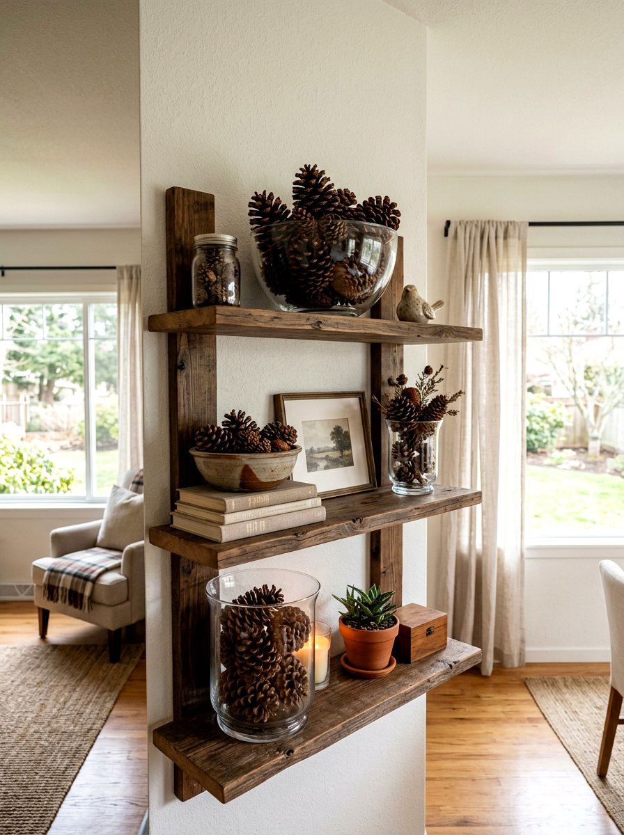 Pinecone Shelf Decor - 30 winter shelf styling ideas
