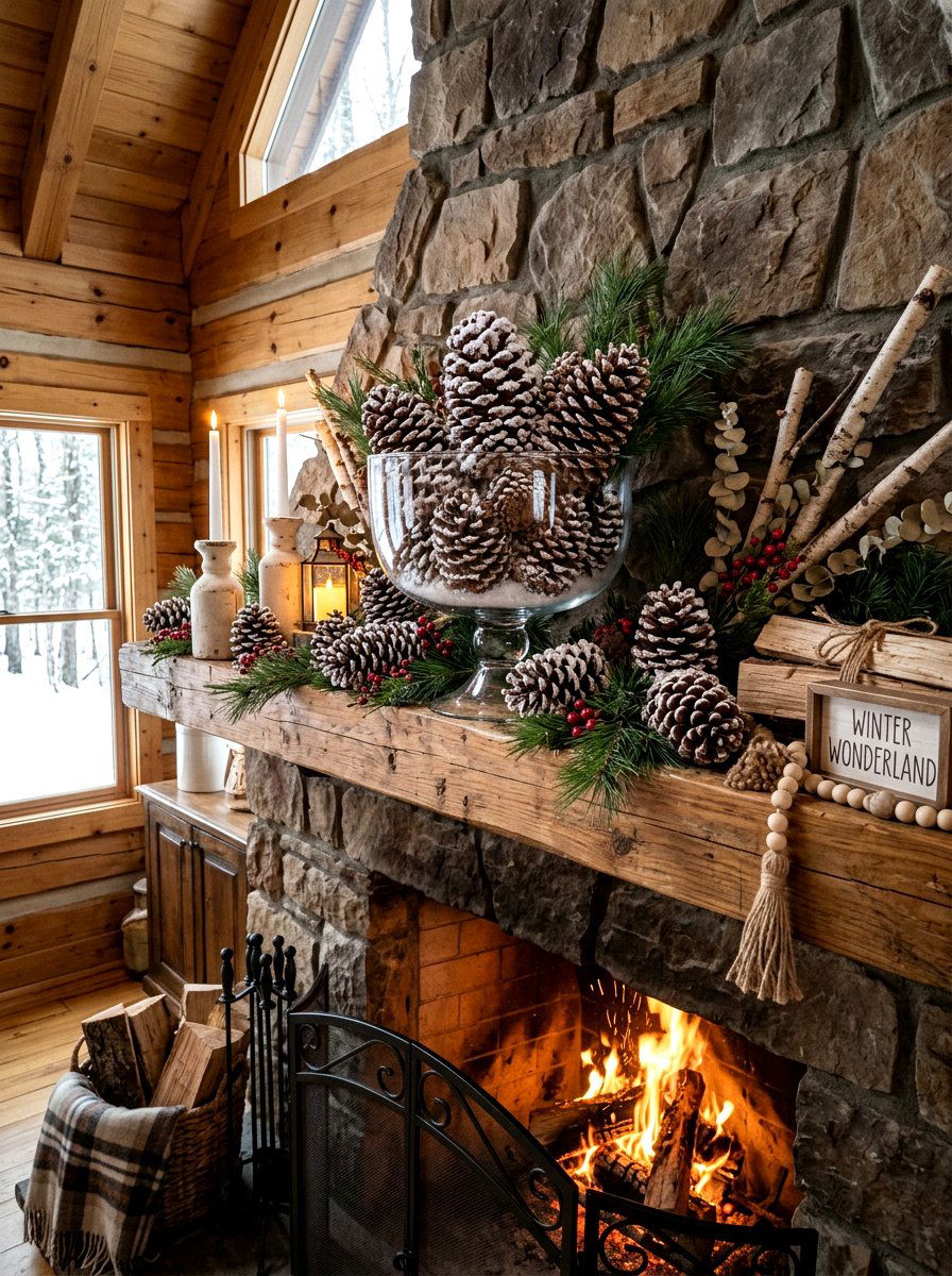 Pinecone Winter Mantel - 30 winter mantel decor ideas