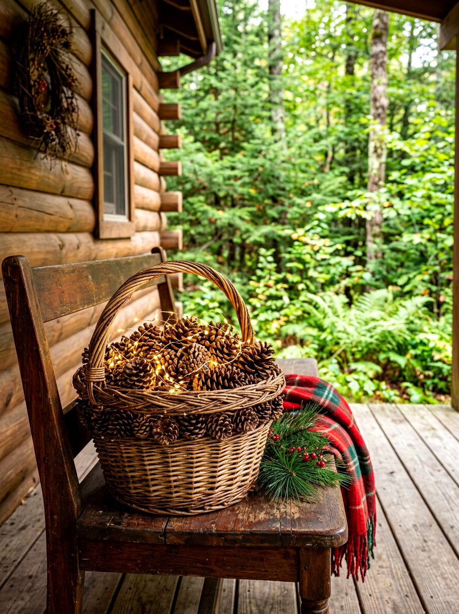 Pinecone basket with lights - 30 front porch winter glow ideas