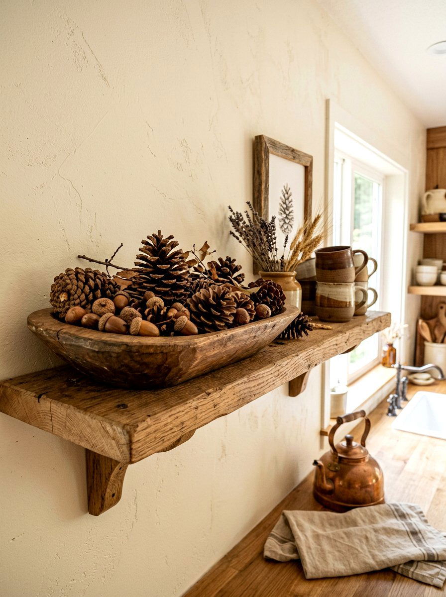 Pinecone kitchen display - 30 fall kitchen shelf decor ideas