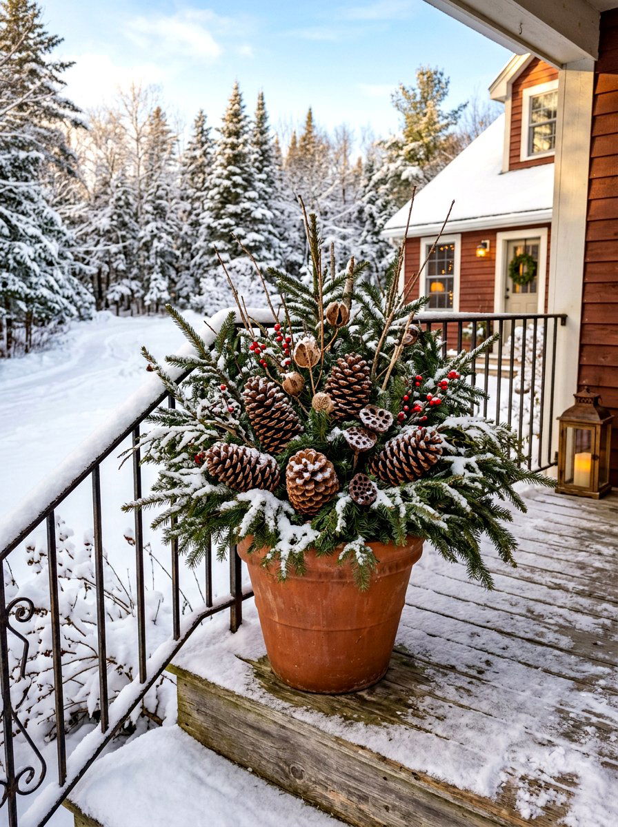 Pinecones Spruce Boughs - 30 winter porch planter ideas