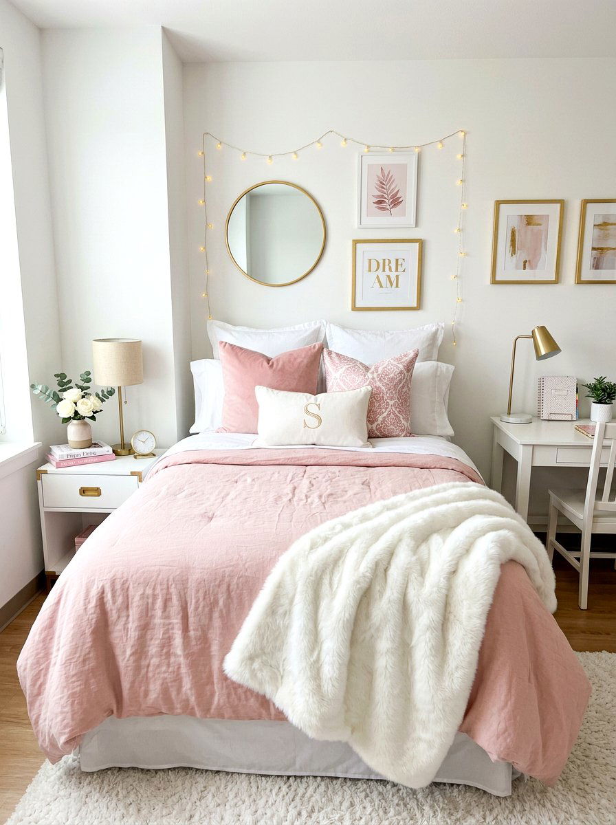 Pink Aesthetic College Bedding - 30 dorm bed ideas