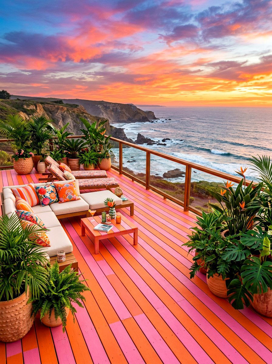 Pink And Orange Tropical Sun Deck - 30 striped cabana backyard ideas